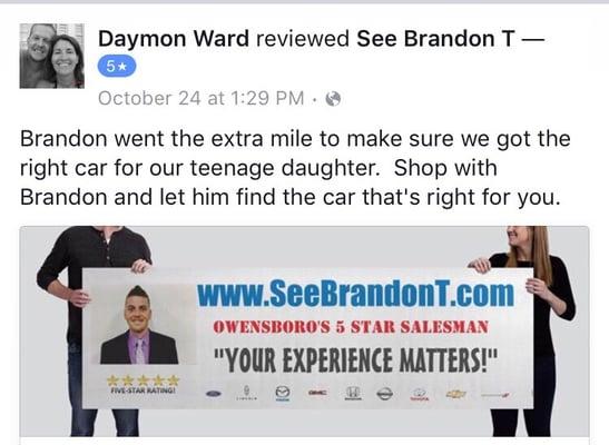 5 star Review by Daymon Ward after purchasing his daughter a vehicle!