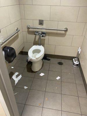 Used toilet paper, a wallet on the floor and of the left side of the toilet they left a dirty boxer.