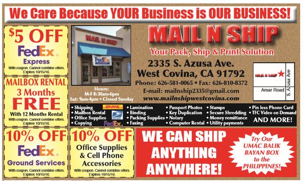 Shipping/mailing service (FedEx, DHL & USPS) at Mail N Ship located at 2335 S Azusa Ave West Covina CA, 91792