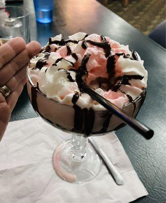 Pink squirrel ice cream topped with whip cream & a cherry drizzled with Chocolate.