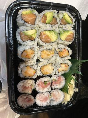 3 roll lunch special 1. Salmon avocado 2. Spicy White tuna 3. Yellowtail roll