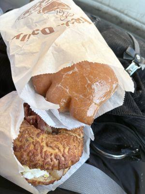 jalapeno cheese bagel with bacon egg and cheese & apple fritter bear claw