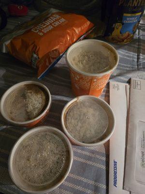 What was supposed to be 2 Large Red Beans & Rice. 3 Small containers half full & 1 large container half full