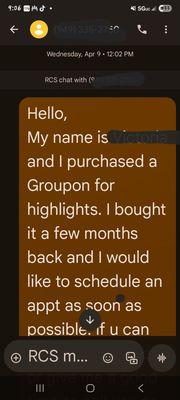 My correspondence with Harmony stylist at Apsire Salon Studios