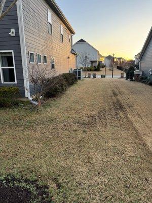 Before work began. Standing water and terrible lawn. Also water drain off from house is now all underground