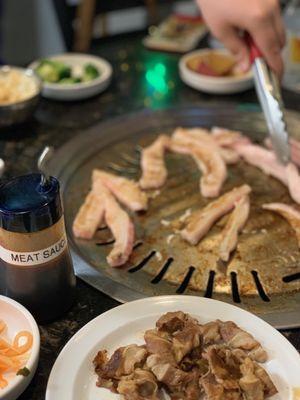 Pork jowl, beef belly, meat sauce, some sides!