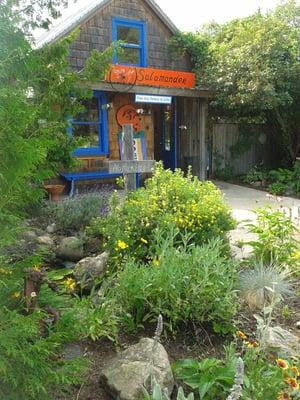 The entrance to the Cycling Salamander.  A peaceful little perennial garden and pond welcomes you to this fun and funky gallery