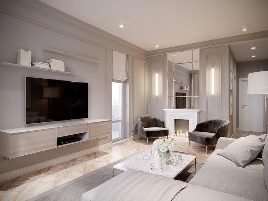 Flooring, recessed lighting, shelving, painting.