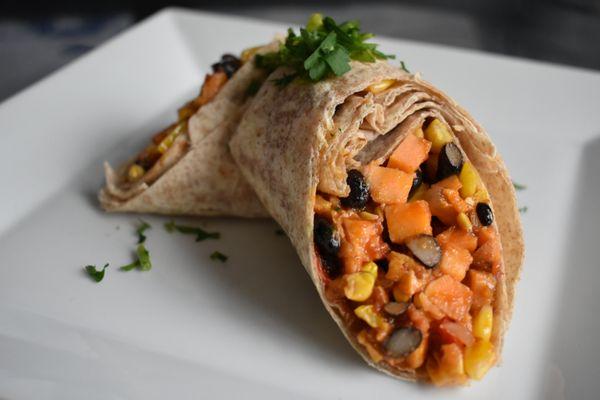 Sweet potato, black bean and corn vegetarian burrito.