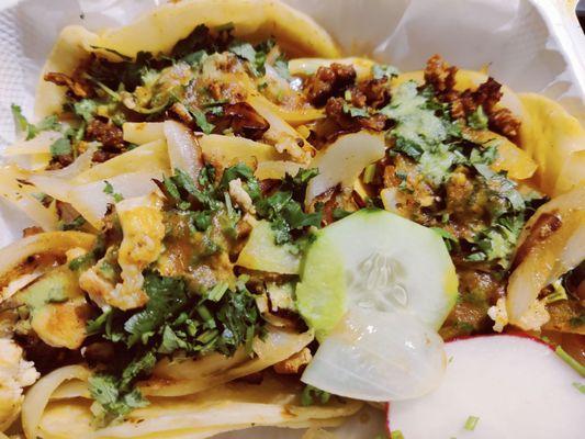 Chicken (pollo) and chorizo tacos