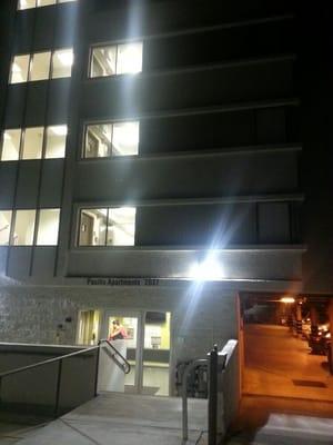 Outside view. It is 3 levels and a bottom level for the parking garage.