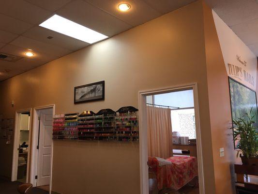 Nail polish on the wall. Selection is good enough if you know exactly what you want for polish.