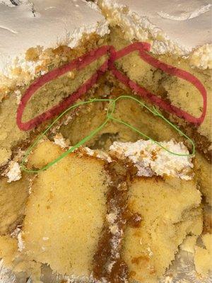 Areas marked are undercooked. It felt wet and sticky. Those sections tasted raw and smelled spoiled.