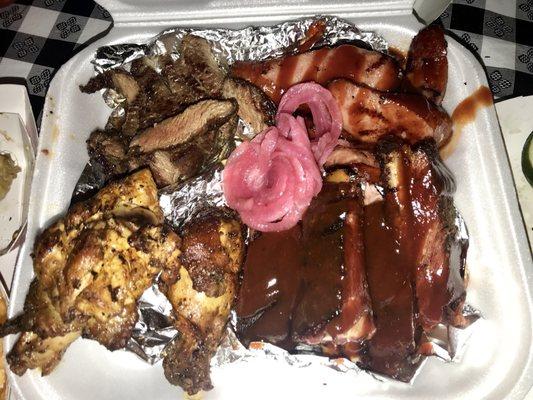 The sampler. Chicken, steak, ribs and smoked sausage. $15 for all. Really tasty