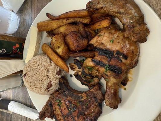 Parrillada Personal: grilled pork chops, grilled chicken, sausage. Sides of plantains and arroz con frijoles