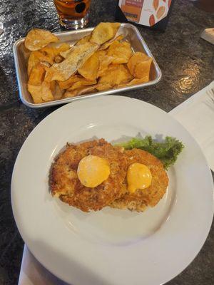Salmon patties and chips. It is all very fresh and absolutely delicious