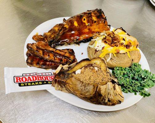Pick 2 Combo: Baby Back BBQ Ribs and Sliced Tri - Tip with loaded Baked Potato & Sweet Potato