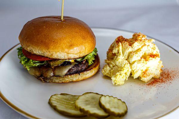 Spirit burger (1/3 lb angus beef, havarti cheese, bacon onion jam, mushrooms, bbq sauce, spirit sauce, onions, lettuce, tomato)