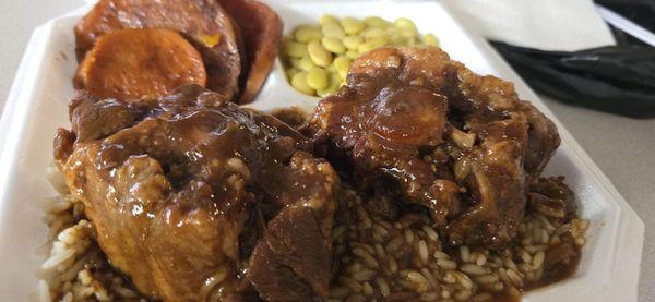 Oxtail on rice with sweet potatoes and lima beans.