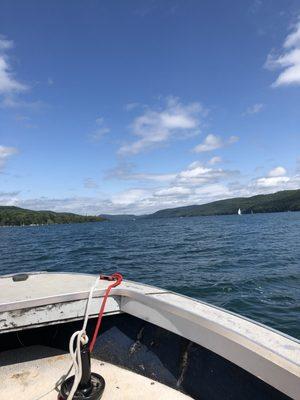 View of the front of the boat looking onto Otsego Lake