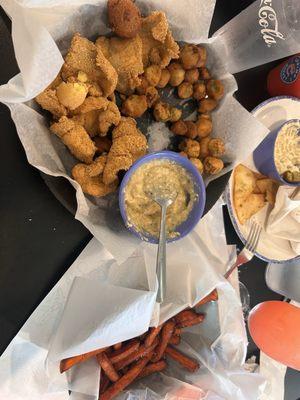 Catfish, okra, sweet tater fries, cheese grits