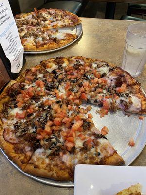 Custom 5 topping and a meat Meatlovers Pizza. $14.99 each on Monday's special.