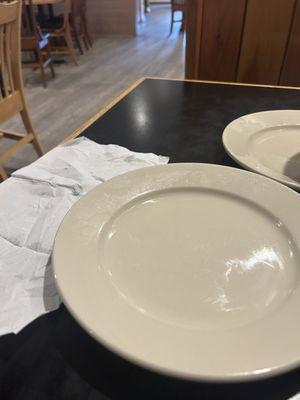 dirty plates and napkin used to try and wipe up grease from plates