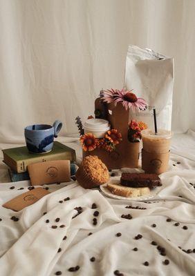 Coffee cake muffin, iced vanilla latte, almond poppyseed loaf, chocolate fudge loaf