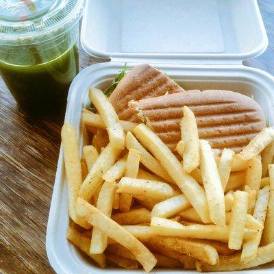 My green juice and smoked salmon panini + fries