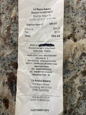 Receipt for small half tray of rice, 2 pints of beans, side of pernil and a side of yucca. $86.65? White people prices?