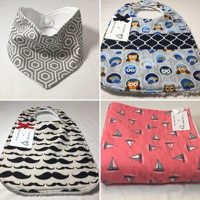 Pretty and practical to the max! Two Everyday Bibs, a Bandana Bib, and a Stroller Blanket