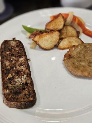 My plate of non microwaved sausage and potatoes with banana bread