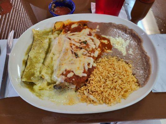 Carnitas flautas with salsa verde, beef tamale in traditional husk, Chile relleno with salsa rojo, rice & beans
