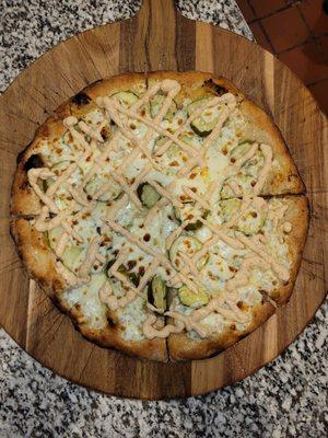Pickle woodfire pizza, our white sauce and our home made dough