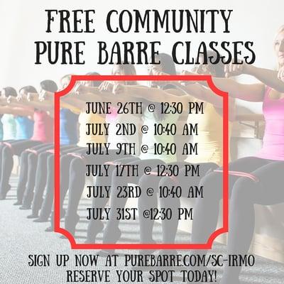 We are doing FREE community classes all summer long!! It is incredibly easy to sign up, just head to http://purebarre.com/sc-irmo/