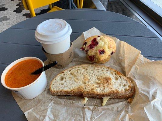 Tomato Soup, Grilled Cheese, Cranberry Muffin, Cappuccino