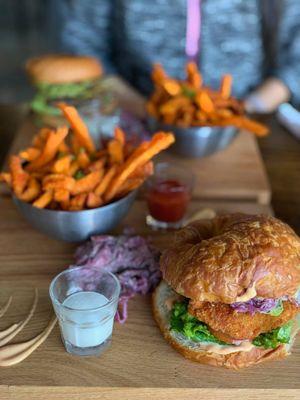 JAPANESE LOVE. Katsu fried chicken served on a French croissant roll, with a house-made Soya, Yuzu Mirin, Kimchee sauce & garlic aoli.