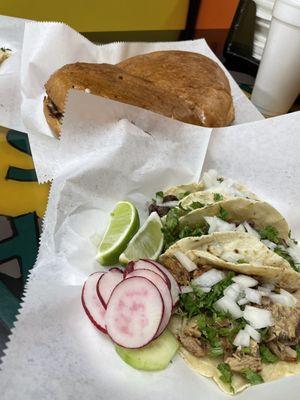 Asada torta, carnitas and asada tacos