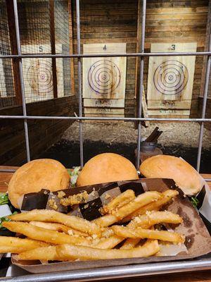 "Build your own slider" (The King, 1-Upper, 3 Little Pigs) with side of garlic parmesean fries.