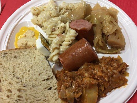 Rye bread, kielbasa, lazy pierogi, lazy galumpki, sweet and sour cabbage. :p