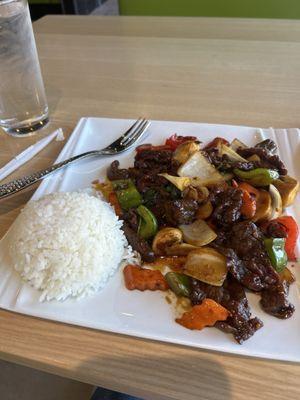 Lunch portion of basil stir fry with beef