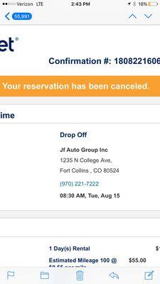 Cancellation confirmation, still charged a $50 no-show fee. Crooks!