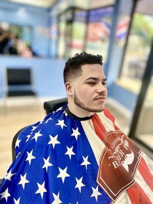 Skin tape with scissors up beard trim hot towel
Eyebrows