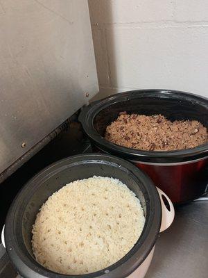 We have 3x rice choices daily: White Rice, Yellow Rice( not in this picture), Jamaican Rice and Peas!