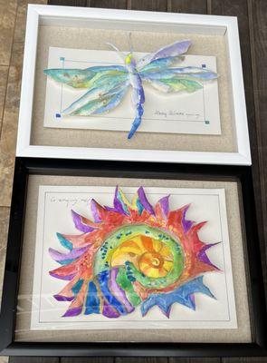 Customers get to paint in Sherri's art class. My husband did the shell. I did the dragon fly. Fun for any age and skill level.