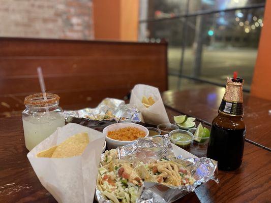 Spanish Rice, Refried Beans, Shrimp Street Tacos