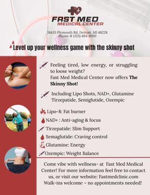 We're offering weight loss skinny shots, peptide injections, NAD= Lipo-B, Glutathione, and much more Visit Fast Med Medical Centers Today.