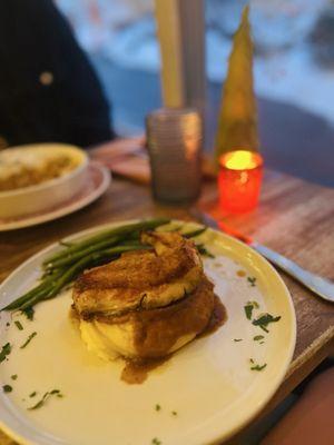 The Chicken Entree with mashed potatoes and green beans