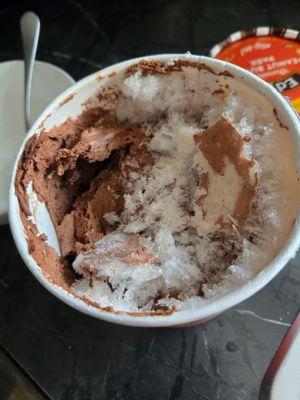 Freezer burned ice cream clearly had been thawed and refrozen