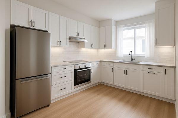 Close-up of the new quartz counters and subway tile backsplash -- sleek, simple, and built to last.